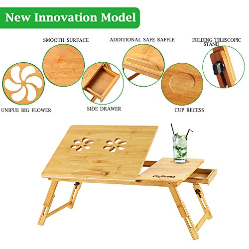 Cozihoma Laptop Desk Bamboo for Bed and Sofa, Portable Adjustable Laptop Desk Table Stand Up/Siting Foldable Breakfast Serving Bed Tray with Drawer, Ergonomics Design