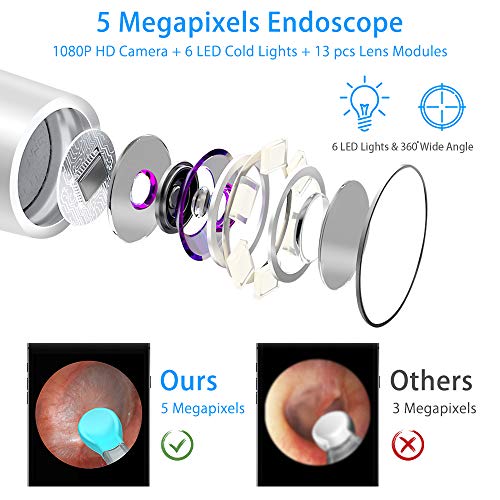 Ear Wax Removal, Earwax Endoscope Remover Tools Ear Scope Otoscope with Light Wireless Ear Camera 1080P HD with 6 LED Lights Ear Cleaner Earwax Candles for iPhone, iPad, Android Smart Phones, Tablet