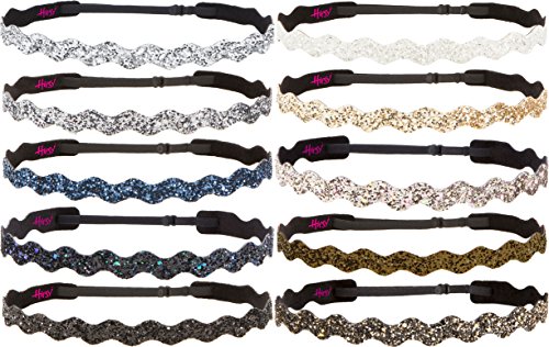 Hipsy Women's Bling Glitter Adjustable No Slip Headband Bulk Gift 10pk (Wave Neutral 10pk)