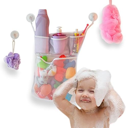 Bath toy organizer Mold Resistant 100% polyester including 3 pockets for shampoo, soap and a large toy net + 2 extras section cups for Loofah or body bath brush .
