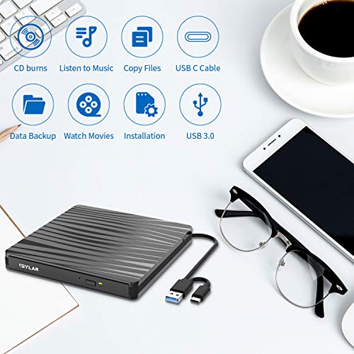External CD DVD Drive, USB 3.0 & Type C External DVD CD Drive, Plug & Play Burner High Speed Data Transfer DVD Player for Laptop Notebook PC Desktops Support Windows/Vista/7/8.1/10, Mac OSX & Linux OS - Thumbnail 3