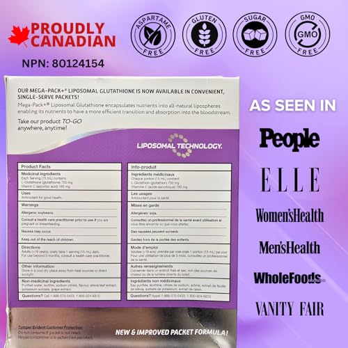 HIGHEST POTENCY AVAILABLE 750MG Liposomal Glutathione, Made in Canada, Skin Brightening, Powerful Antioxidant, Maximum Absorption, Natural Health Product, Single-Serve Liquid Packets
