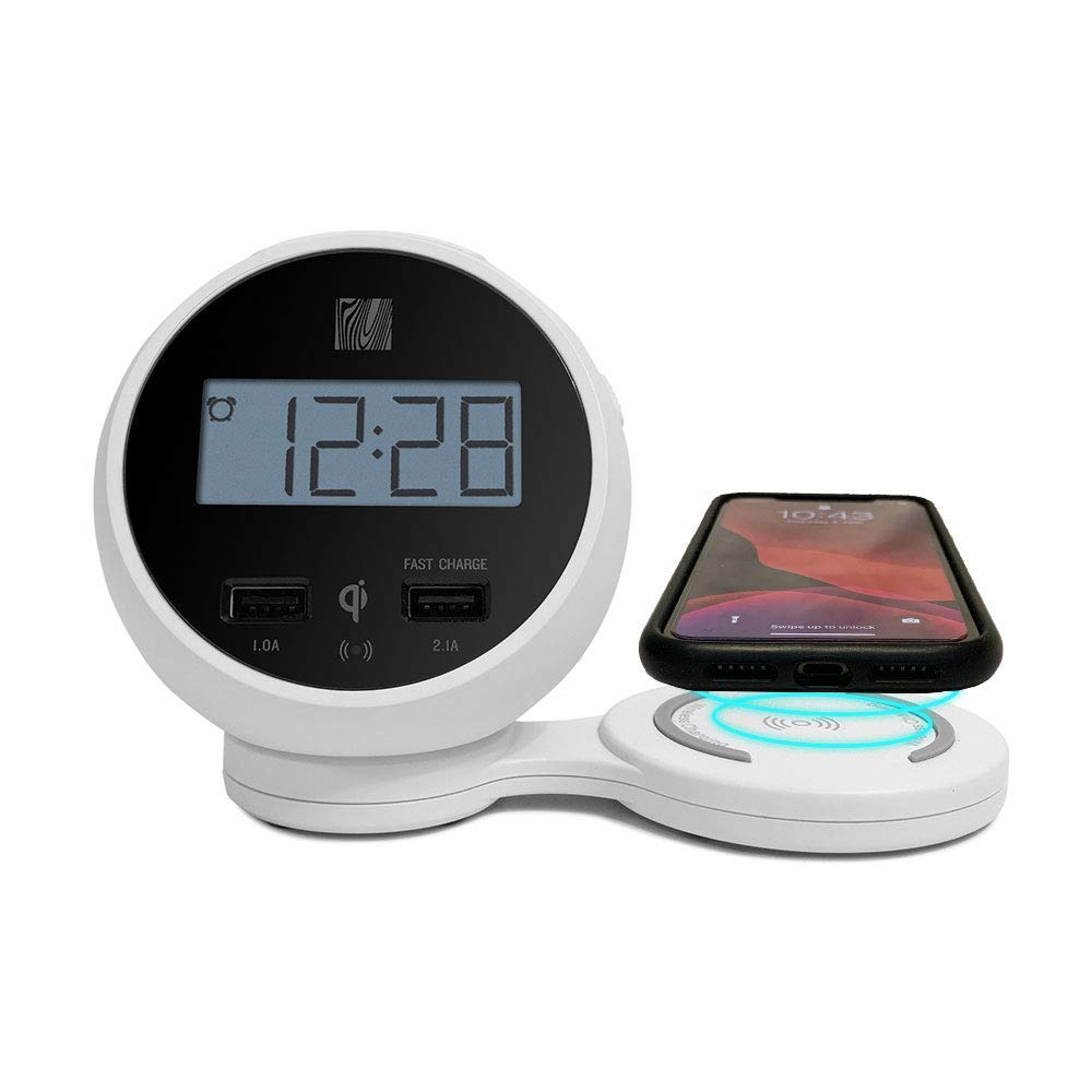 Soundfreaq Charge Rise QI Certified Wireless Charging Alarm Clock, Dual USB Fast Charging & 180 Degree Rotatable Charging Pad (White)