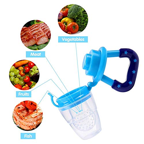 Gedebey Baby Food Feeder, Pacifier Fruit- Fresh Silicone Bottle Squeeze Spoon Frozen Fruit Teething Pacifiers Nibbler Hygienic Cover Newborn Teeth with Meshes Sizes for Baby Food Spoon (Blue)
