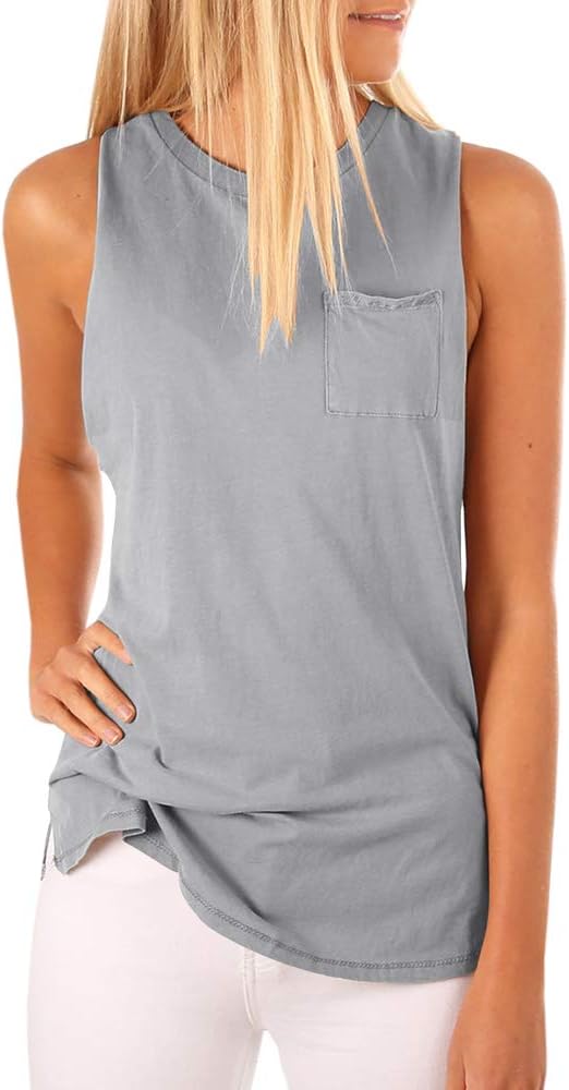 Women's High Neck Tank Top Sleeveless Blouse Plain T Shirts Pocket Cami Summer Tops