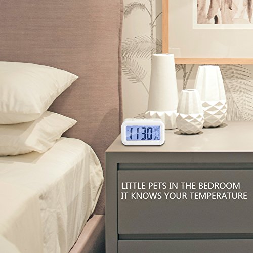 Alarm Clock Digital LCD Large Display Battery Operated Portable Modern Smart Snooze Silent Backlight Senor Date Time Temperature Clock for Heavy Sleepers Bedroom Kitchen Office Travel (white)