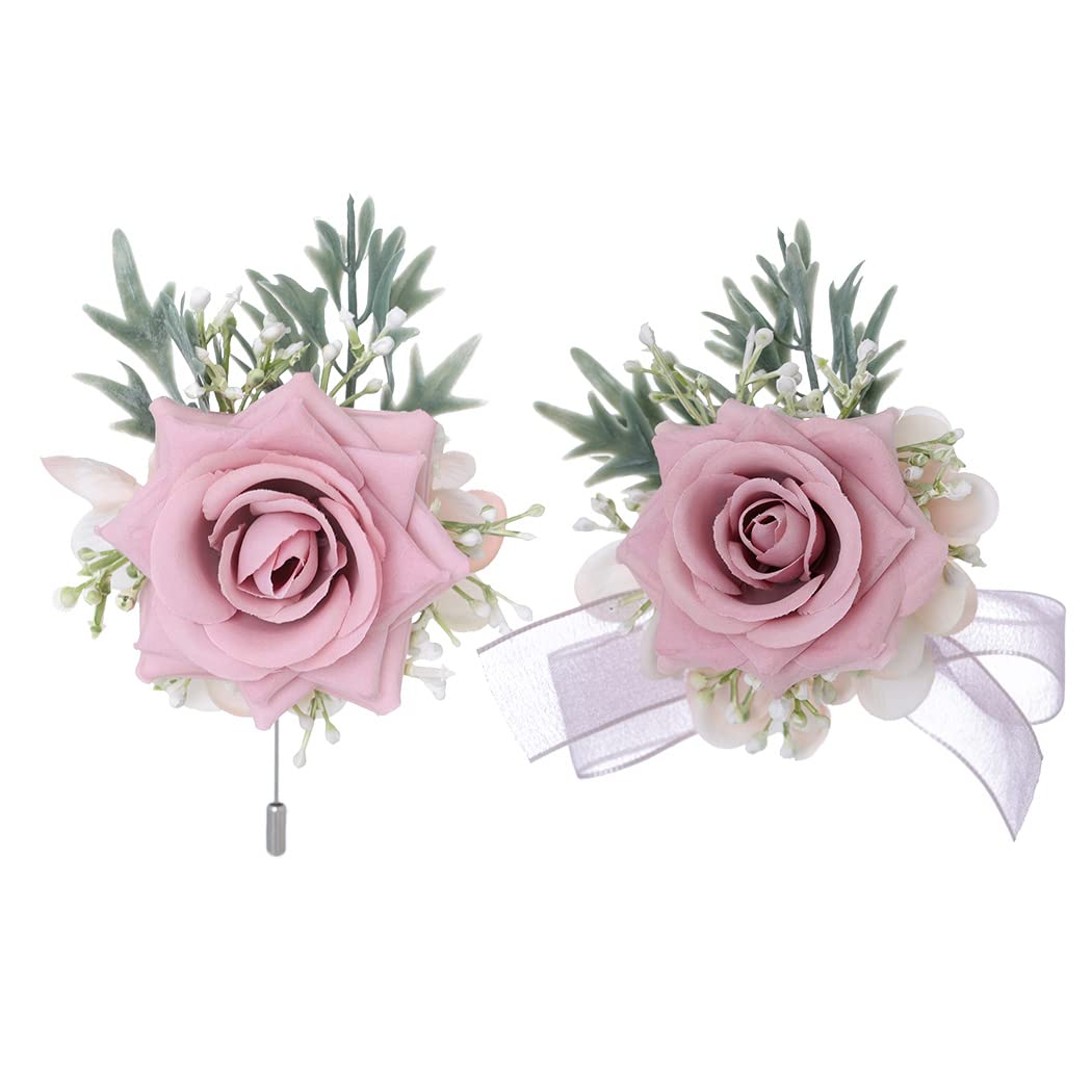 IYOU Pink Flower Wrist Corsage Wristlet Band Bracelet and Men Boutonniere Set Wedding Hand Decor for Groom Bride Groomsmen Bridesmaids