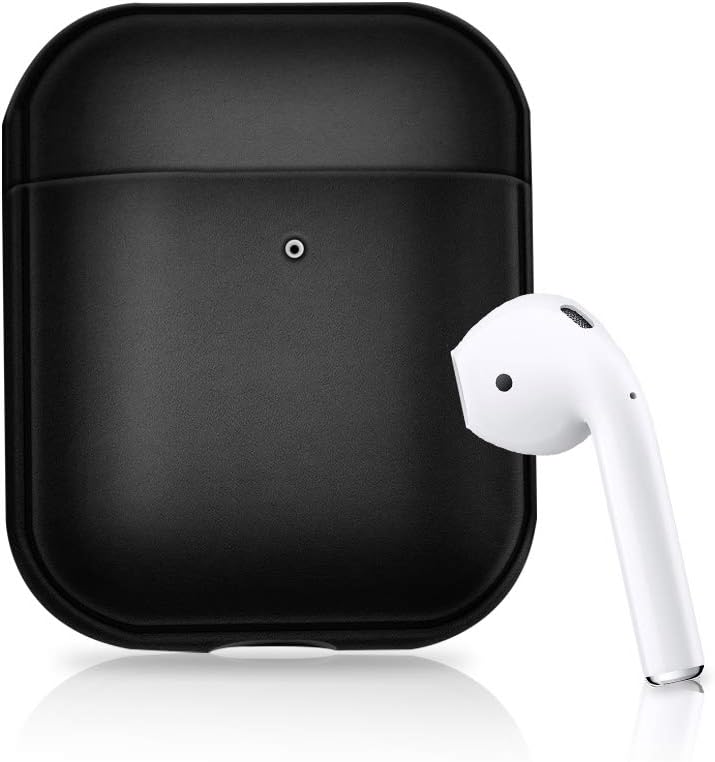 AirPods Leather Protective Case Cover, Genuine Leather Protective Shockproof Cover for Apple AirPods 1 Case, Airpods 2 Case Support Wireless Charging (Black)