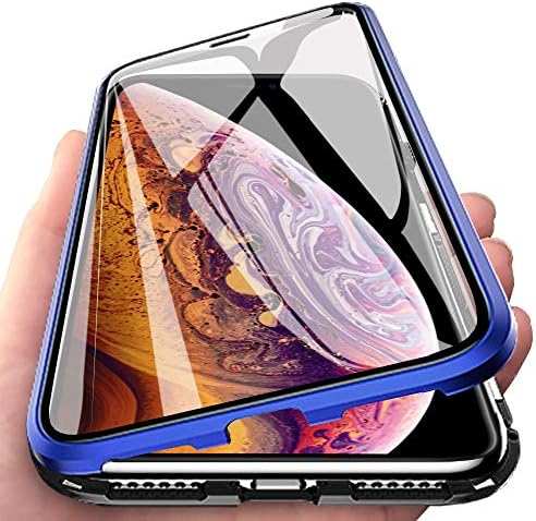 Eabuy iPhone XS Max Case, 360ยฐ Full Body Transparent Tempered Glass with Magnetic Adsorption Metal Bumper Case Cover for iPhone XS Max Blue Black