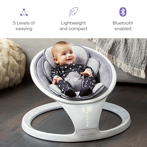 Munchkin Electric Baby Swing, Portable and Lightweight, Bluetooth Enabled Infant Rocker with Natural Sway in 5 Ranges of Motion, Newborn Nursery Essentials, White/Grey