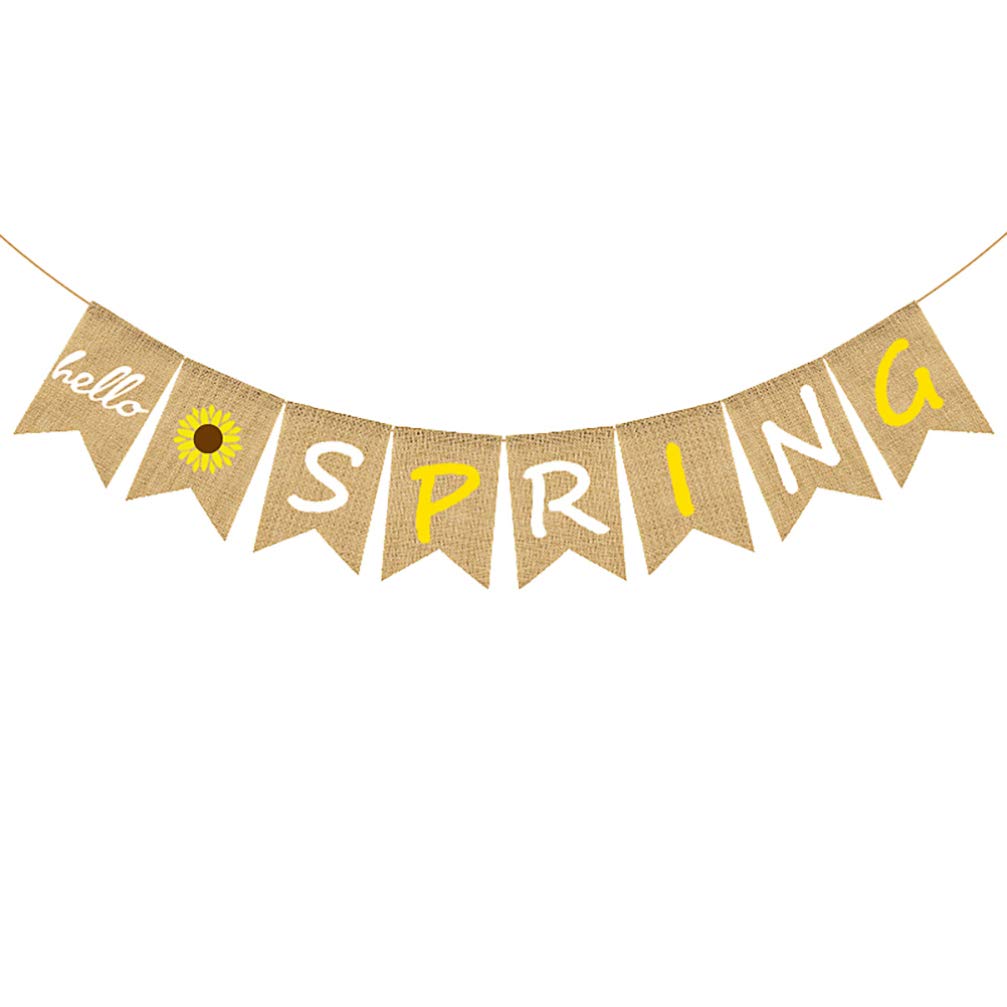 Amosfun Hello Spring Burlap Banner Rustic Spring Banner Garland Sunflower Bunting Banner Seasonal Christmas Party Decoration for Fireplace