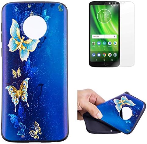 OYIME for Moto G6 Case and Screen Protector, Luxury [Gold and Blue Butterfly] Relief Pattern Design Black Silicone Rubber Ultra Thin Slim Fit Bumper Drop Protection Anti-Scratch Protective Back Cover