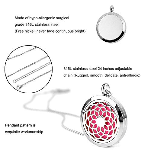 Maromalife Diffuser Necklace Aromatherapy Essential Oil Diffuser Necklace Stainless Steel Sunflower Locket Pendant with 10 Colors Refill Pads