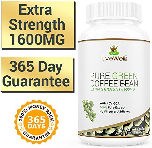 LiveWell Labs Pure Green Coffee Bean Extra Strength Formula with 1600mg per serving - One Year Money Back Guarantee
