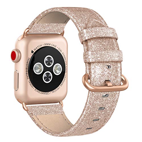 SWEES Leather Band Compatible Apple Watch 38mm 40mm, Genuine Leather Shiny Bling Glitter Strap Compatible Apple Watch Series 4 Series 3 Series 2 Series 1, Sports & Edition Women, Glistening Rose Gold