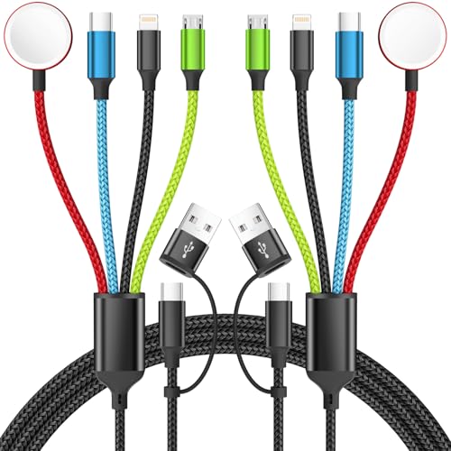 Travel Essentials 4 in 2 Multi Charging Cable for Apple iWatch Charger, USB A/USB C Multiple Charger Cord for iWatch Ultra/SE/10-2, iPhone 17-11, Galaxy S25-21, iPad (2PACK 5FT)