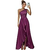IVNGRPZK One Shoulder Bridesmaid Dresses for Women Satin Pleated Long A Line Formal Prom Evening Dress with Slit