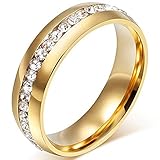 LEEYA NL19 Mens Womens 6MM Titanium Stainless Steel High Polished 18K Gold Plated Channel Set Cubic Zirconia CZ Promise Engagement Band Unisex Gold Wedding Ring Comfort Fit, Size 6-13 (10, Gold)
