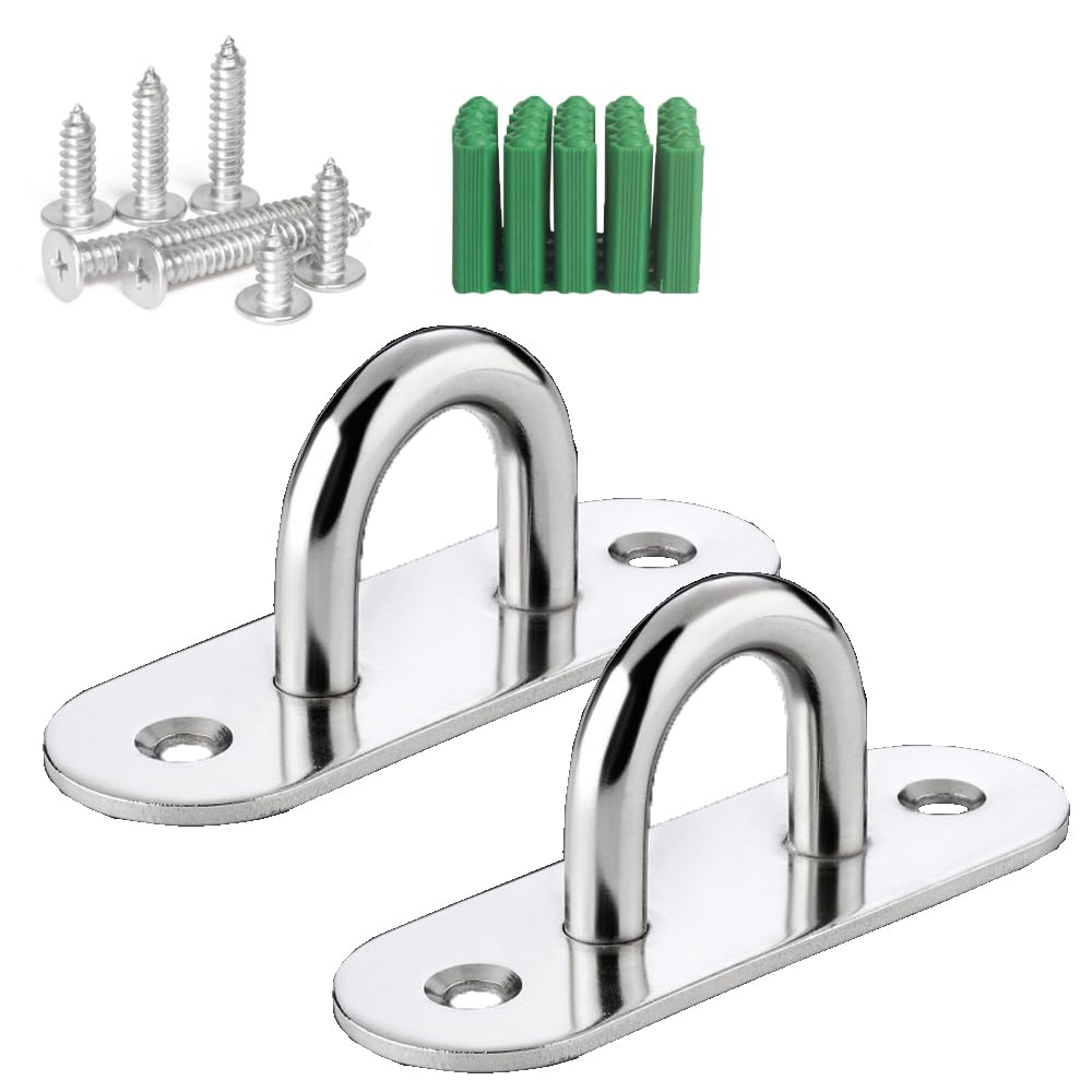 XINDAOLAISHENGQ 2PCS Heavy Duty Eye Plate Hook Pad Eye Plate Suspension Ceiling Hook, Stainless Steel Brushed Heavy Duty U Shape Staple Ring Loop with Screws for Wall Ceiling Hanging