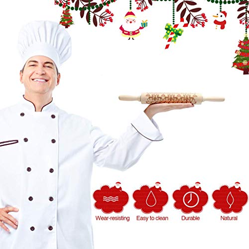 BOMEON Christmas Wooden Rolling Pins Engraved Embossing Rolling Pin with Christmas Symbols Deer for Baking Embossed Cookies Kitchen Tool (17"x 2")