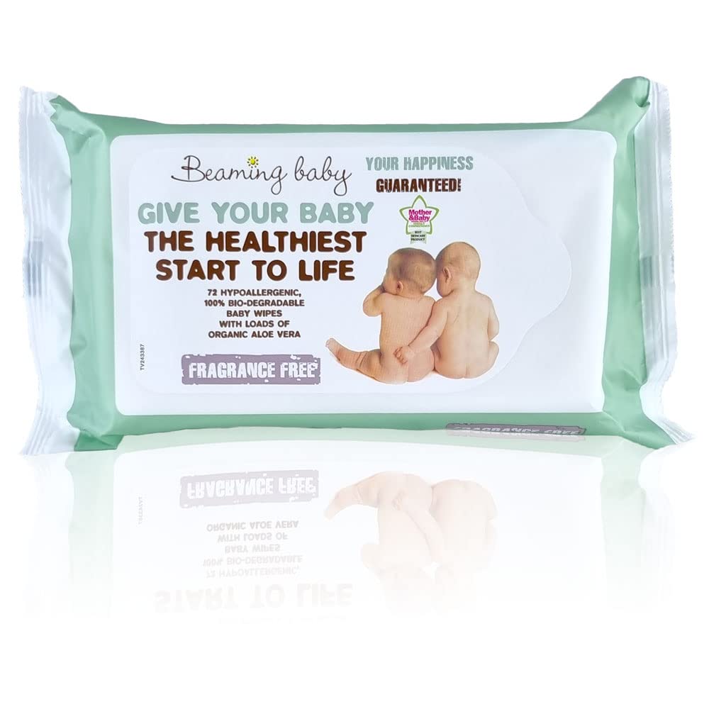 Beaming Baby Certified Organic, 100% Biodegradable Baby Wipes - 72 Unscented Wipes. No Plastic, Hypoallergenic with Organic Aloe Vera. Naturally Gentle on Newborn Sensitive Skin. Recyclable Packaging