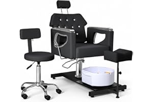 IJIALIFE Pedicure Chair with Foot Spa & Stool, Nail Tech Pedicure Station Set with Adjustable Pedicure Stand, Bubble Massage Basin, Nail Salon Manicure Chair for Spa Salon Home (Black & Silver)