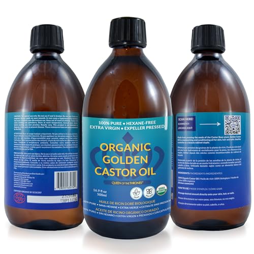 QUEEN OF THE THRONES Organic Golden Castor Oil - 500mL (16.91 Fl Oz (Pack of 1)) | 100% Pure & Expeller Pressed for Hair, Skin & Digestion | Hexane Free | USDA Certified