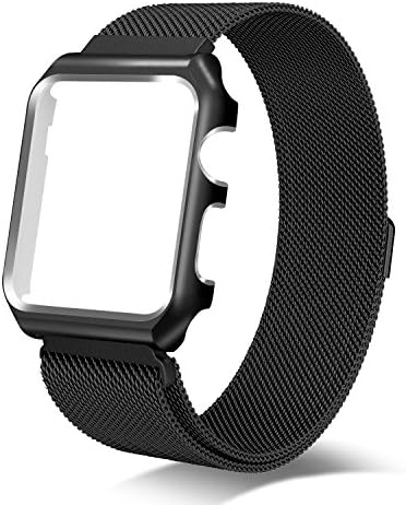 For Apple Watch Band with Case 38mm, Milanese Loop Stainless Steel iWatch Metal Replacement Strap with Magnetic Closure Clasp for Apple Watch Series 3, Series 2, Series 1, Sport and Edition (Black)