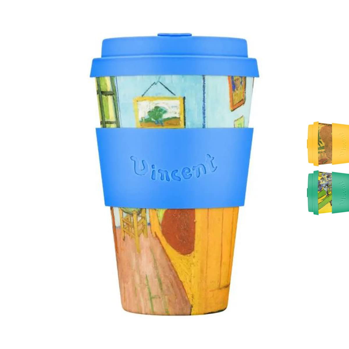 Ecoffee Cup 14oz 400ml Van Gogh Collection Reusable Eco-Friendly 100% Plant Based Coffee Cup with Silicone Lid & Sleeve - Melamine Free & Biodegradable Dishwasher/Microwave Safe Travel Mug, Bedroom