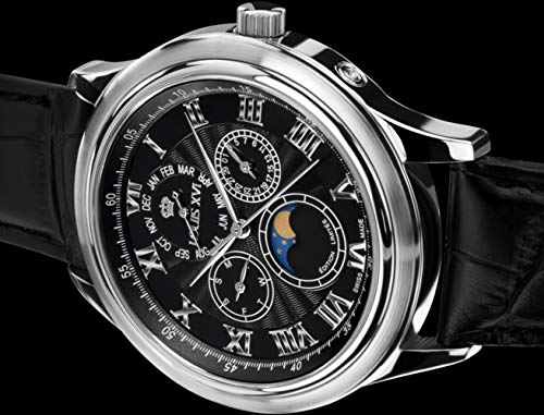 LOUIS-XVI-Herren-Armbanduhr-La-Lune-Silber-Schwarz-Mondphase-Analog-Quarz-echtes-Leder-Schwarz-489