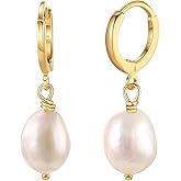 Trendlooks 925 Sterling Silver 10mm/14mm Pearl Earrings with 14K Gold Pated Huggie Small Hoop Earrings for Women Baroque Pearl Earrings S925 Drop Earring
