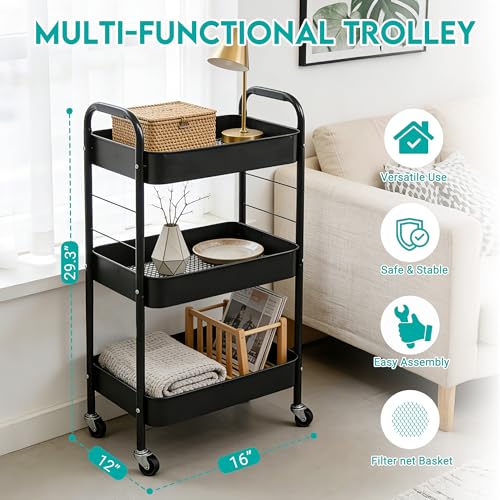 ZOESTORAGE 3 Tier Rolling Cart Metal Storage Cart with Wheels for Home, Bathroom, Kitchen, Laundry, Office and Rolling Cart Kitchen for Books, Vegetables and Snacks, Black