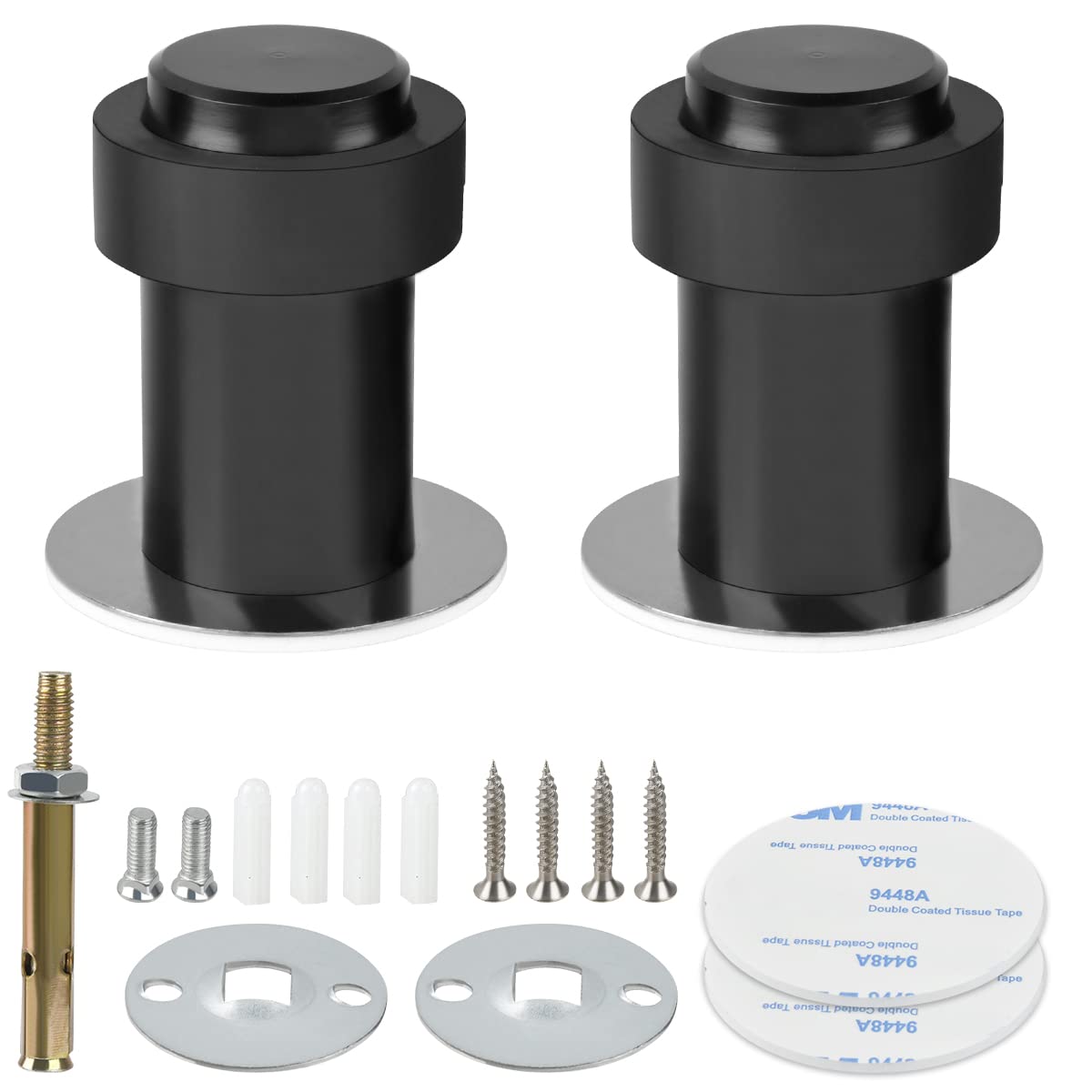 DODUOS 2PCS Door Stoppers, Stainless Steel Door Stop Wall Mounted Black Floor Door Stopper Wall Protector with Sound Dampening Rubber Bumper, Modern Door Stops Bumper for Skirtings