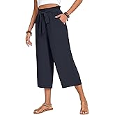Aodemo Women‘s Plus Size Capri Pants Wide Leg High Waist Tie Knot Pants Casual Palazzo Trousers with Pockets