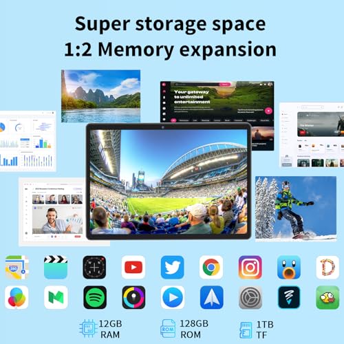 Android 14 Tablet with Keyboard, 12GB RAM (6+6), 128GB Storage, 1TB Expandable, 8000mAh Battery, 10 Inch 2-in-1 Tablets, Includes Case, Mouse & Stylus（Black Case）