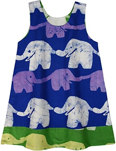 Global Craft Girls Reversible Dress - Blueberry Lime Elephants - Global Mamas (C)