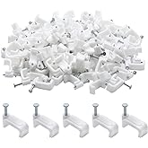 PHITUODA Flat Ethernet Cable Wire Clips with Nail, 14mm, White, 100pcs | Single Coaxial Cable Clamps, Cable Management