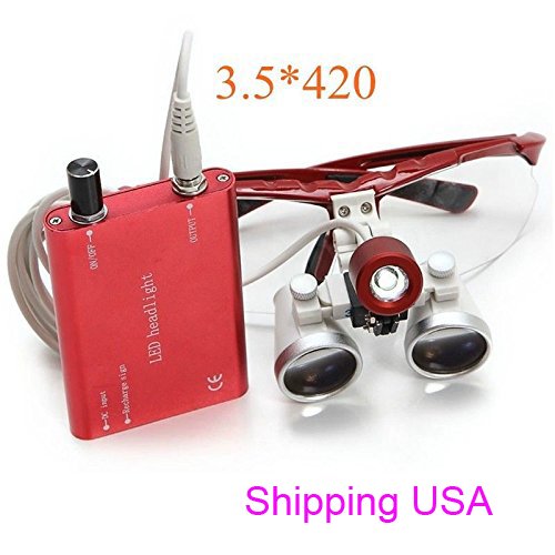 Zinnor Dentist Dental Surgical Medical Binocular Loupes 3.5x 420mm Optical Glass Loupe + LED Headlight - Shipping from USA (Red)