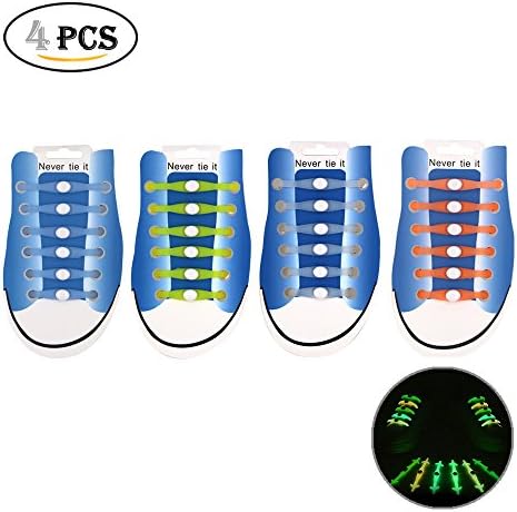 EDOBIL No Tie Luminous Shoelace, Silicone Elastic Shoe laces Glow in the Dark,for Sports Fan Running Men Women Kids Outdoor Indoor (Blue Green White Orange(with decorative buttons))