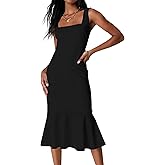 Misng Women's Square Neck Ruffle Hem Tank Midi Dress Elegant Sleeveless Bodycon Sexy Slim Tight Fit Dresses