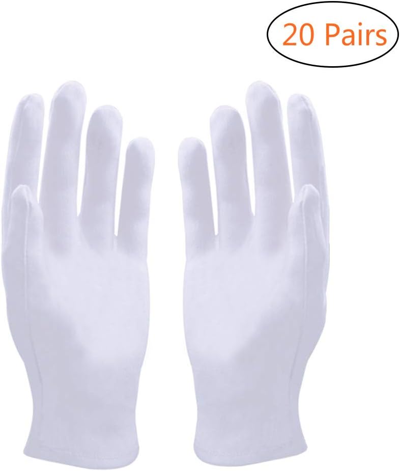 YANSHON 20 Pairs Cotton Gloves, White Cotton Gloves, Coin Gloves, Moisturising Gloves for Coin Jewelry Health Inspection Large White Gloves for Men and Women(24 x 11cm)