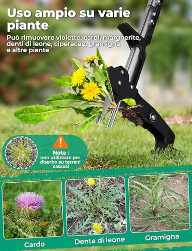 YISSVIC 4 Claw Manual Weed Remover Stainless Steel with Pedal, Telescopic Root Extractor, 108 cm, Non-Slip Adjustable D-Shaped Handle for Garden