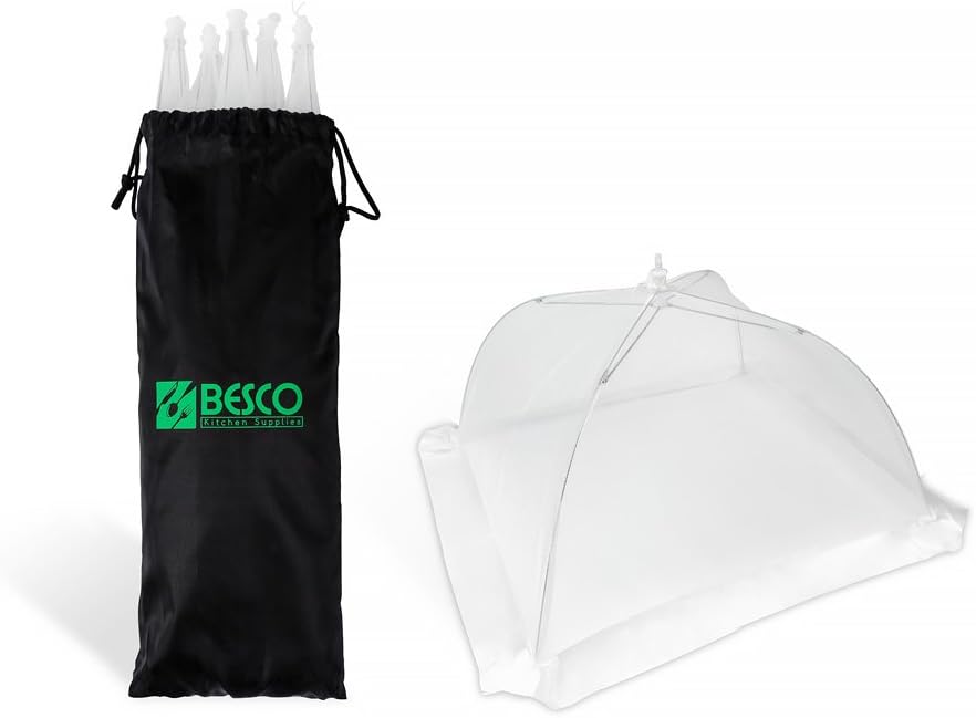Besco Kitchen Supplies Set Of 6 Food Cover Tents: 17x17 Inches Pop Up Foldable Umbrella Covers, Protect Plates and Bowls From Bugs, Flies and Dirt, Mesh Net and Strong Frame, With Reusable Carry Bag