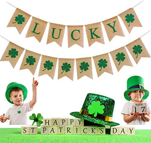 St. Patrick's Day Decoration Lucky Shamrock Four Leaf Clover Burlap Banner Flags Bunting Garland Flags for Irish Indoor Outdoor Garden Patio