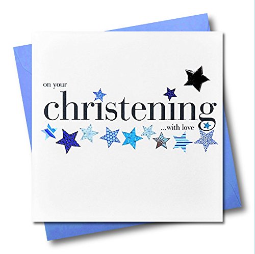 Claire Giles Greeting Cards, Baby Christening Card, Blue Stars design Congratulations Baptism Card, Embellished with a padded star