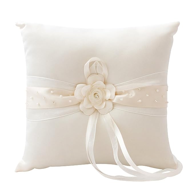 Ringkissen Hochzeit mit Blüte in Ivory, Kissen für Trauringe mit Steinchen und Perlen, quadratisch 19,5 x 19,5 cm, creme