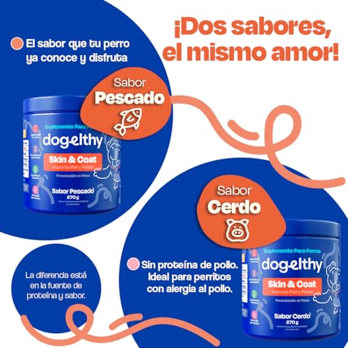 Dogelthy Skin & Coat. Suplemento para Piel y Pelaje para Perro Hecho a Base de Aceite de Pescado, Vitamina C/E, Complejo B, Zinc y más. Complemento para Croquetas o Dieta Barf Sabor Cerdo 270g