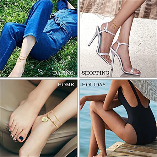 UHIBROS Initial Ankle Bracelets for Women Teen Girls, 14K Gold Plated Double Layered Initial Anklet Bracelet, Alphabet Letter Coin Pendant  Jewelry for Beach, Party, Holiday-C