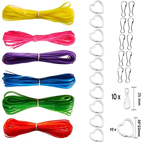 6 Colors Plastic Lacing Cord for DIY Craft Cord Jewelry Making Lanyard Key Chain Bracelet with 10Pcs Snap Clip Hooks and 10Pcs Heart-Shaped Split Ring,197-Feet
