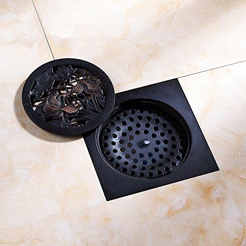 KAHANG ANT1421 Black Brass Brushed Floor Drain Carved Square 4x4 inch for Bathroom